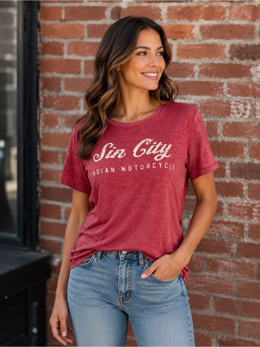 Indian Motorcycle Sin City Graphic Tee Red Crew Neck Biker Shirt 2XL Women